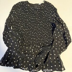 Zara Black & White Polka Dot Smocked Sheer Long Sleeve Blouse Women’s XS
